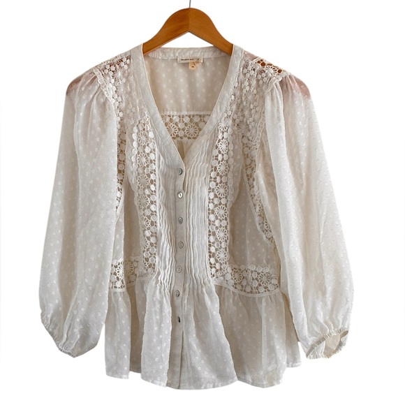 Meadow Rue | Anthropologie crochet trim boho button front v neck peplum blouse - Picture 1 of 12
